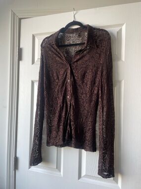 D&G Brown Sheer Lace Button-Down Shirt